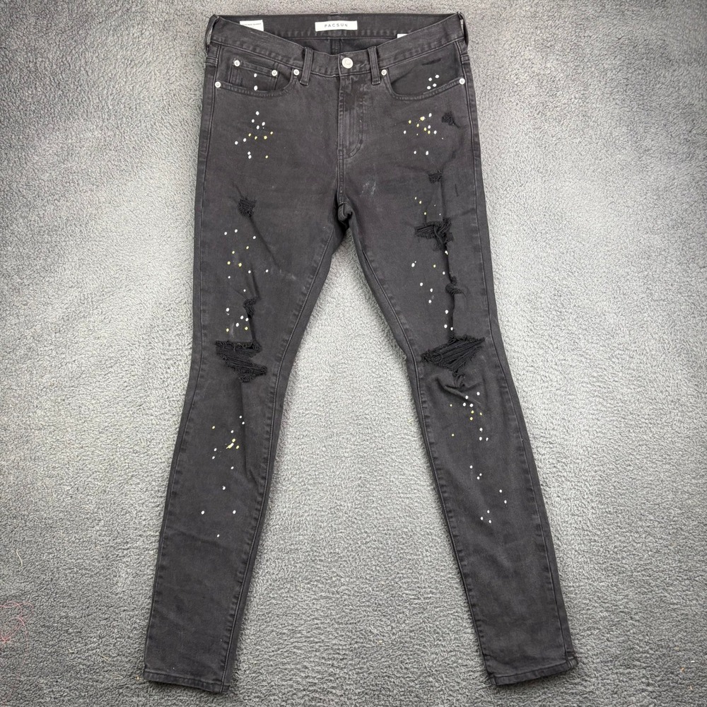 PacSun Stacked Skinny Jeans Mens 30x32 Black Distressed Paint Splatter Denim